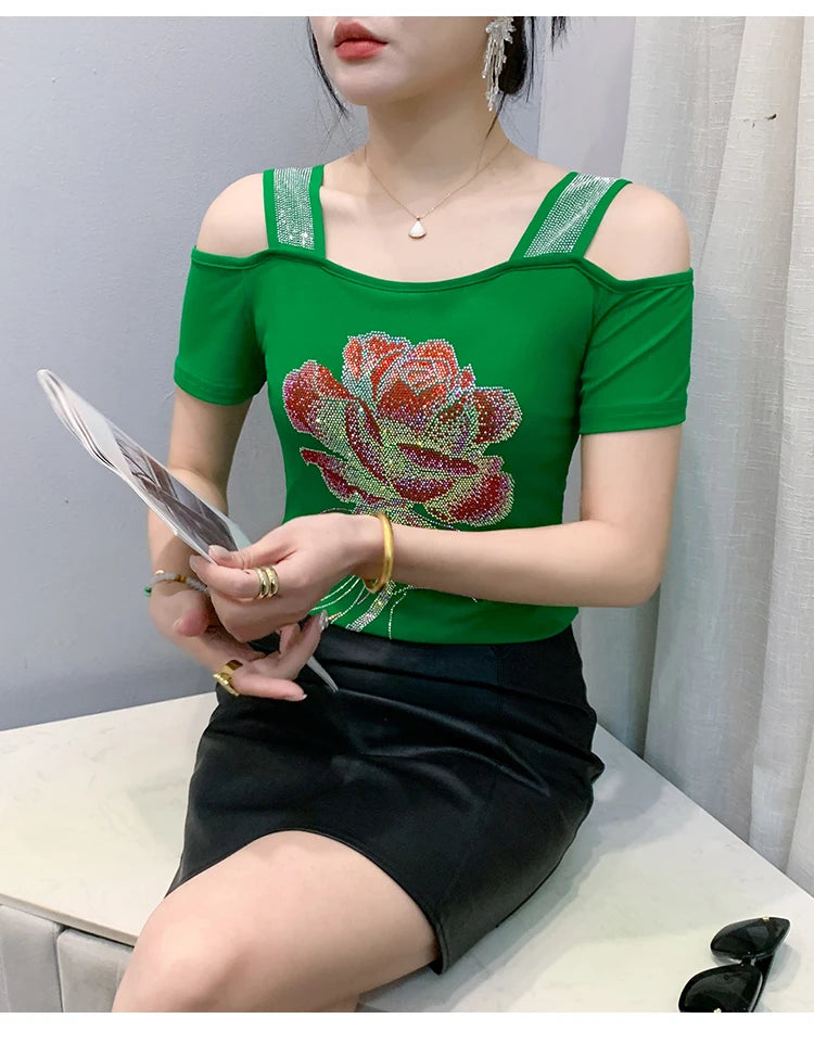 M-3XL Summer European Women's Clothes High Quality T-Shirt Luxury Hot Diamonds Design Slim Tees Sexy Girls Streetwear Tops NovaCart