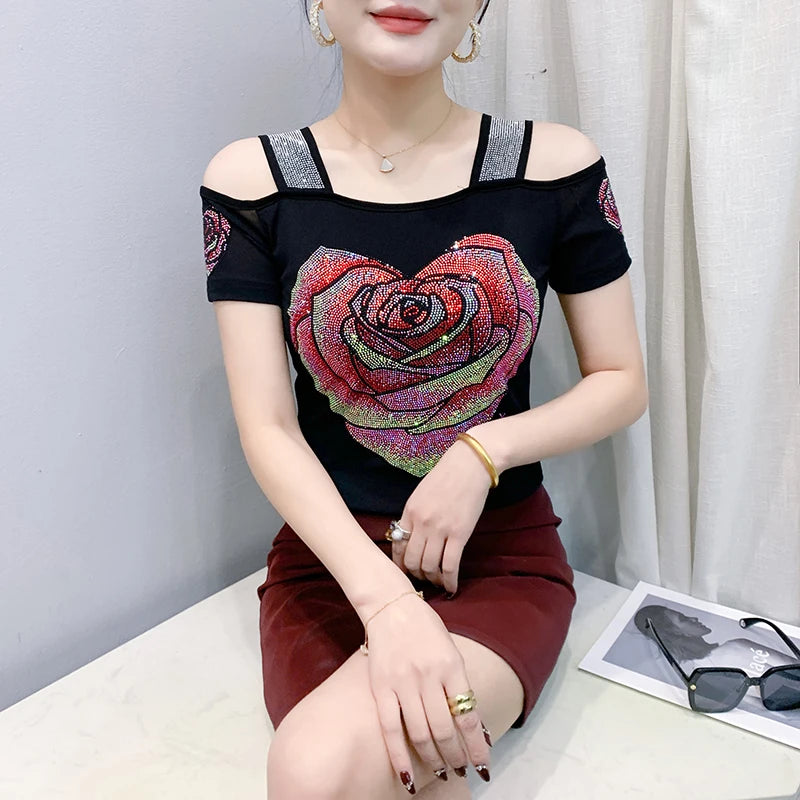 M-3XL Summer European Women's Clothes High Quality T-Shirt Luxury Hot Diamonds Design Slim Tees Sexy Girls Streetwear Tops NovaCart