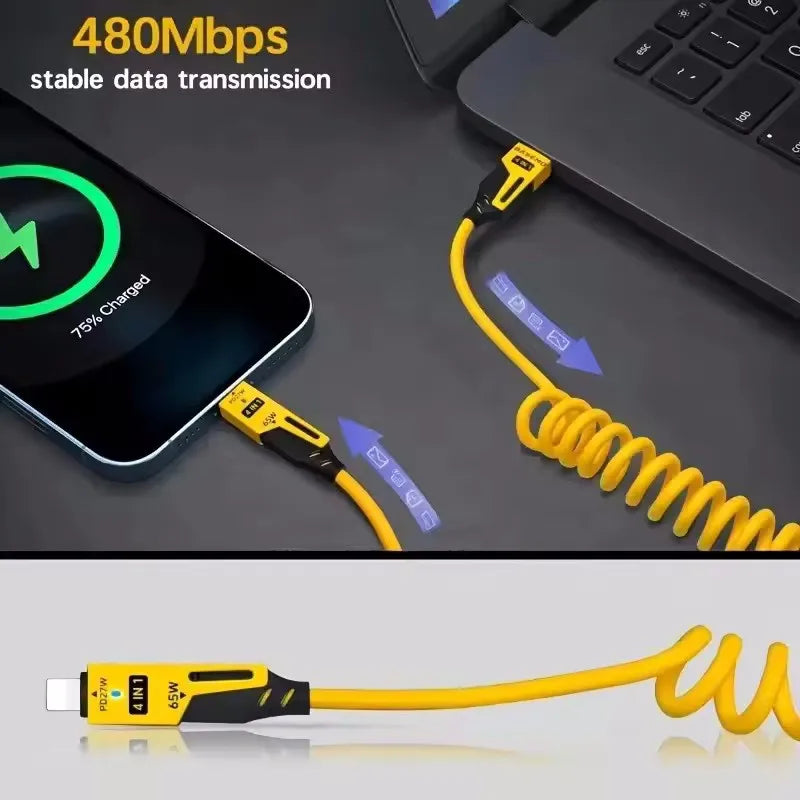 4 in 1 65W Spring Short Data Cable 6A USB Type C Spring Telescopic Quick Charger Wire Spring USB Cable for iPhone 16 15 14 13 Pi-Mart