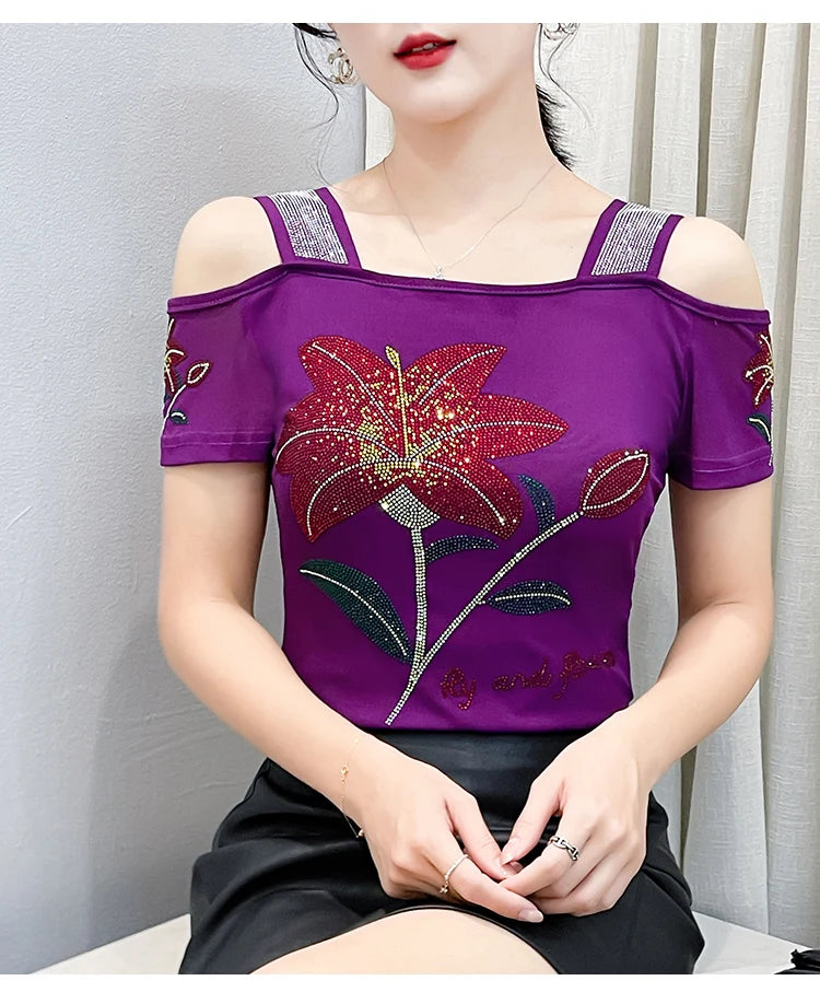 Women's Clothes New Design Sexy Off Shoulder Shiny Diamonds T-Shirts Luxury Brand Mesh Tees Tops Blouse Shirt NovaCart