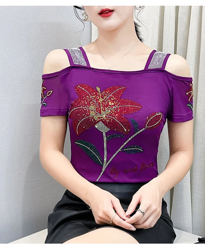 Women's Clothes New Design Sexy Off Shoulder Shiny Diamonds T-Shirts Luxury Brand Mesh Tees Tops Blouse Shirt NovaCart