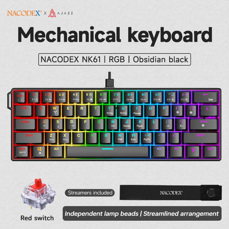 AJAZZ NK61 Wired Gaming Mechanical Keyboard 60% RGB Hot-Swappable 61 Keys Red Switch Mini Keyboard for Gamer PC Pi-Mart