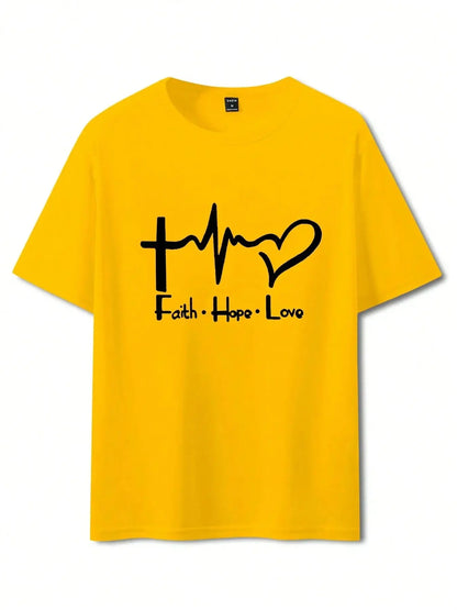 Men's Summer 100% Cotton Fashionable Casual Loose Large Size FAITH HOPE LOVE Printed Sports Round Neck Short Sleeve T-shirt Top NovaCart