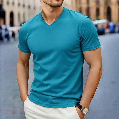 2025 New Men's Casual Fashion Simple V-neck Short Sleeved T-shirt Summer Comfortable Breathable Versatile Top NovaCart