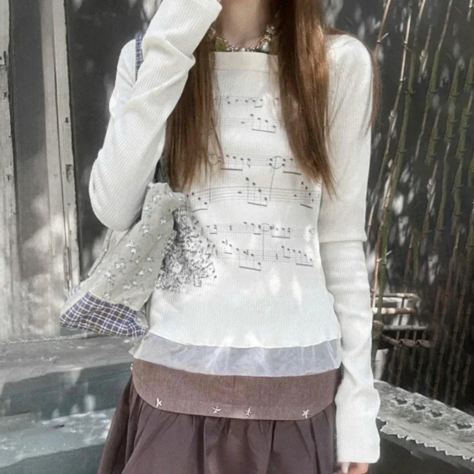 Women T-shirt Long Sleeve Boat Neck Music Note Print Patchwork Slim Fit Ladies Tops Streetwear NovaCart