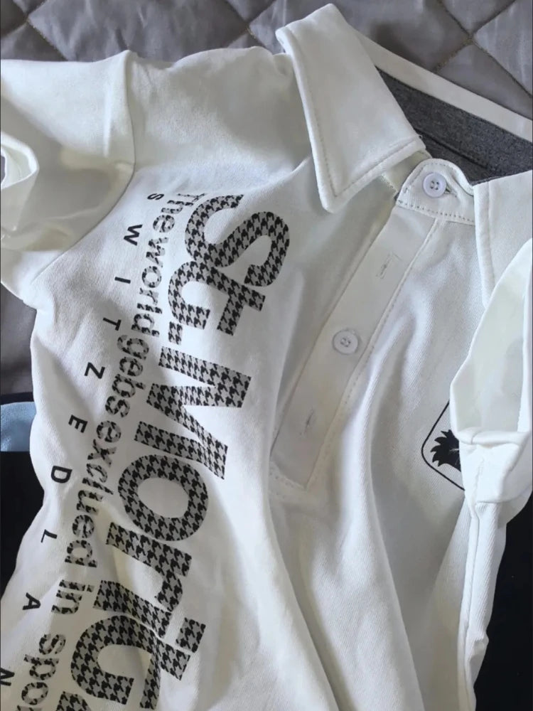 Y2K Japanese Streetwear Polo Shirt Women Slim Crop Tee 2025 White Short Sleeve Tops Letter Badge Houndstooth Vintage Harajuku NovaCart