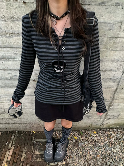 Tonngirls Gothic Retro T-shirt Women Lace Up Striped Casual Shirt Y2k Vintage Print Graphic Tops Streetwear american Grunge Tops NovaCart