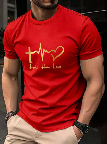 Men's Summer 100% Cotton Fashionable Casual Loose Large Size FAITH HOPE LOVE Printed Sports Round Neck Short Sleeve T-shirt Top NovaCart