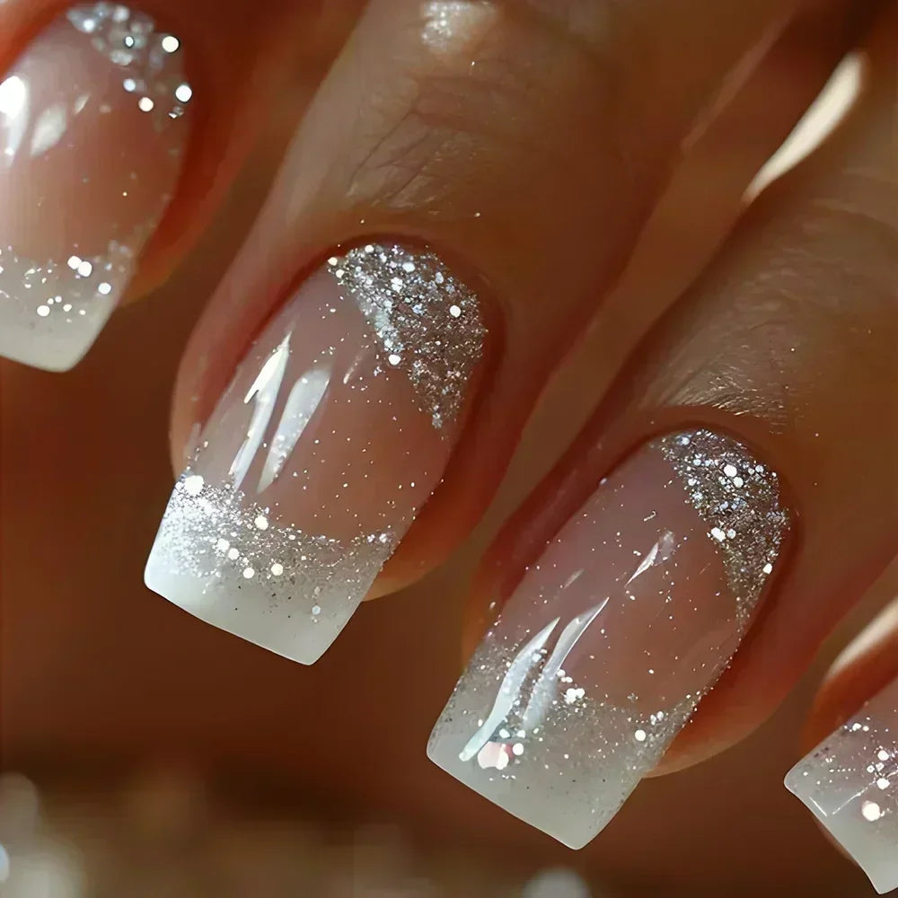24Pcs Short Square Coffin False Nails Square Fake Nails with Glue French Glitter Wearable Acrylic Nails Set Press on Nail Tips NovaCart