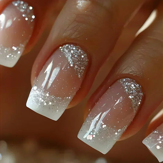 24Pcs Short Square Coffin False Nails Square Fake Nails with Glue French Glitter Wearable Acrylic Nails Set Press on Nail Tips NovaCart