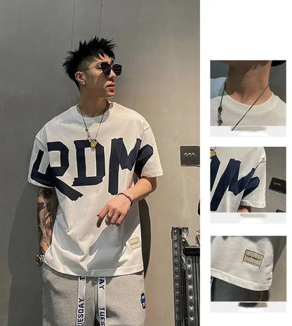 2023 Summer Casual All-match Trend Korean Fashion Short Sleeve Round Neck Solid Color Letter Printed Loose Fashion Youth T-shirt NovaCart