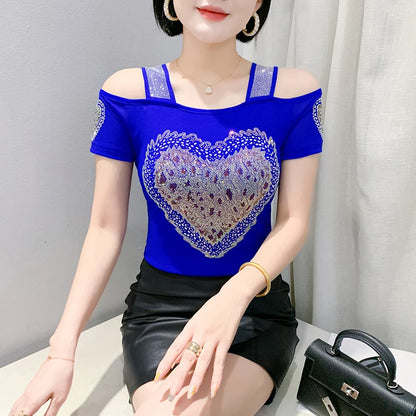 M-3XL Summer European Women's Clothes High Quality T-Shirt Luxury Hot Diamonds Design Slim Tees Sexy Girls Streetwear Tops NovaCart