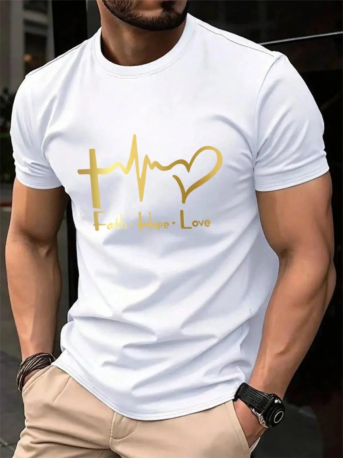 Men's Summer 100% Cotton Fashionable Casual Loose Large Size FAITH HOPE LOVE Printed Sports Round Neck Short Sleeve T-shirt Top NovaCart