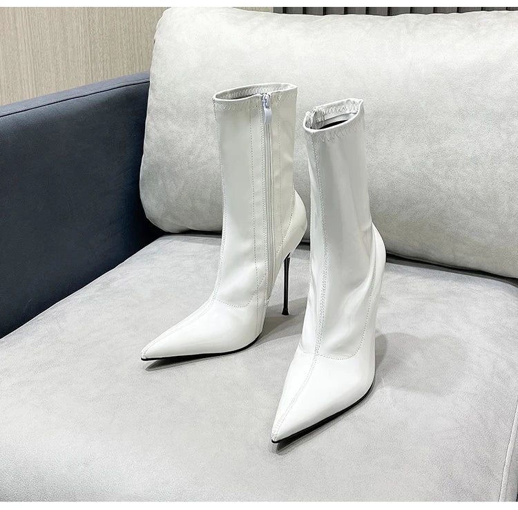 Knee-High Pointy Toe Women Boots 13cm Ultra Thin Steel High Heels Metal Heel Patent Leather Wide Calf Boots for Women Plus Size NovaCart