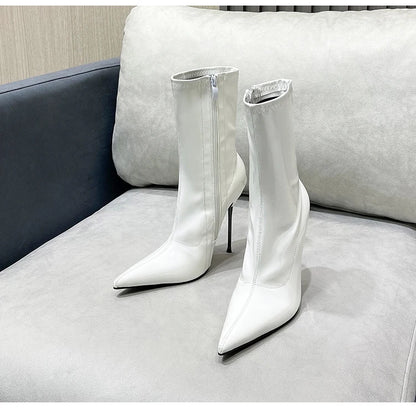 Knee-High Pointy Toe Women Boots 13cm Ultra Thin Steel High Heels Metal Heel Patent Leather Wide Calf Boots for Women Plus Size NovaCart