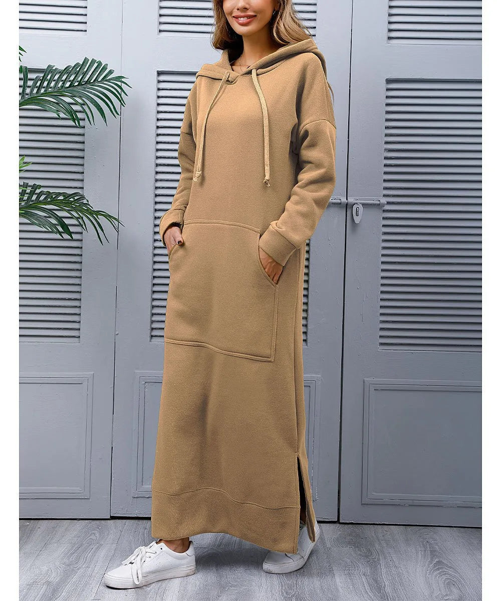 Hoodies Dress For Women Fashion 2025 Hem Lace-up Midi Robe Hooded Long Dress Autumn Winter Warm Casual Loose Sweatshirt Vestidos NovaCart