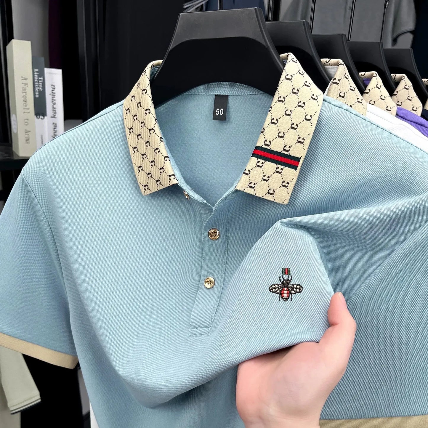 Personality letter jacquard lapel short sleeve T-shirt men high-end brand Little Bee embroidery fashion trend summer polo shirt NovaCart