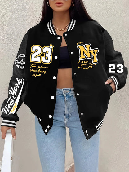 New York “23” Letter Printed Baseball Jacket Women FitiqueFit