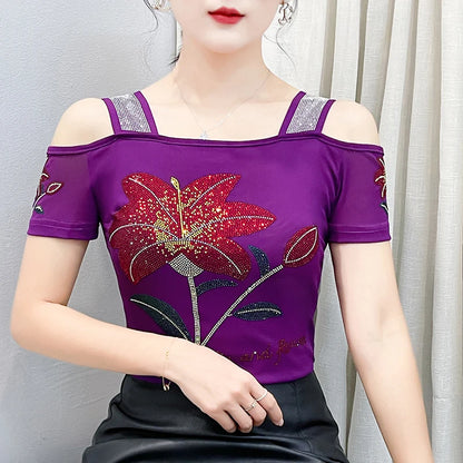 Women's Clothes New Design Sexy Off Shoulder Shiny Diamonds T-Shirts Luxury Brand Mesh Tees Tops Blouse Shirt NovaCart