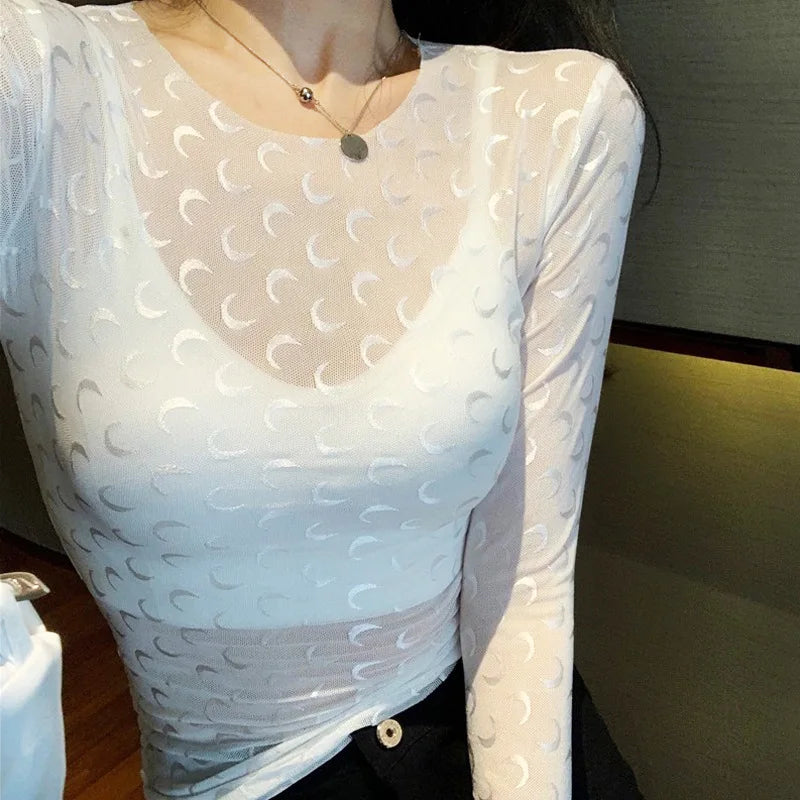 Woman Clothes Korean Moon Print Long Sleeve T-Shirt Fashion Casual Layered Sun Protection Top Ice Silk Basic Tee Spring Autumn NovaCart