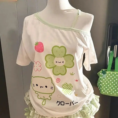 Ezgaga Harajuku T Shirts Women Cartoon Sweet Diagonal Collar Short Sleeve Off Shoulder Funny Tops Female Y2k Ladies Tshirts NovaCart
