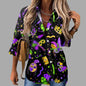 🎭 Mardi Gras Women's V-Neck Long Sleeve Carnival Print Shirt FitiqueFit