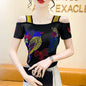Women's Clothes New Design Sexy Off Shoulder Shiny Diamonds T-Shirts Luxury Brand Mesh Tees Tops Blouse Shirt NovaCart