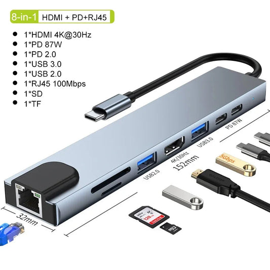 USB C Hub 8In1 7in2 7in1 Type C 3.1 To 4K HDMI Adapter with RJ45 SD/TF Card Reader PD Fast Charge for MacBook Notebook Laptop Pi-Mart