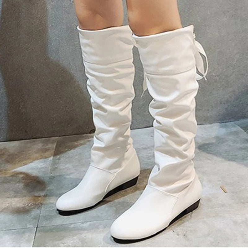 2024Shoes For Women  Knee High Boots Red Black White Tall Boots Woman Pleated Low Heel Casual Leather Female Long Shoes NovaCart