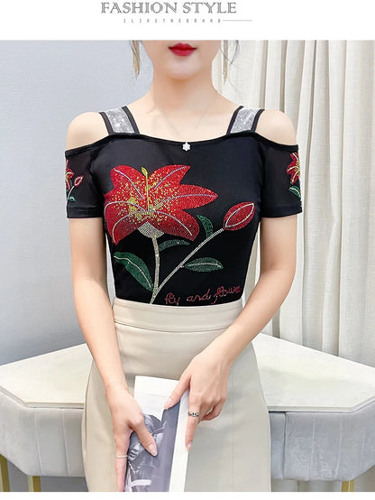 Women's Clothes New Design Sexy Off Shoulder Shiny Diamonds T-Shirts Luxury Brand Mesh Tees Tops Blouse Shirt NovaCart