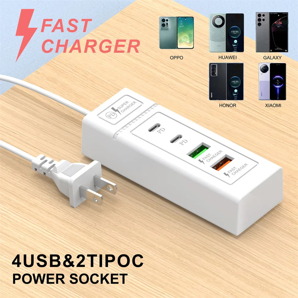 Multi Ports USB C Charger Power Strip PD Type C Fast Charging Wall Charger Socket Quick Charge 3.0 EU/US/UK Plug Power Adapter Pi-Mart