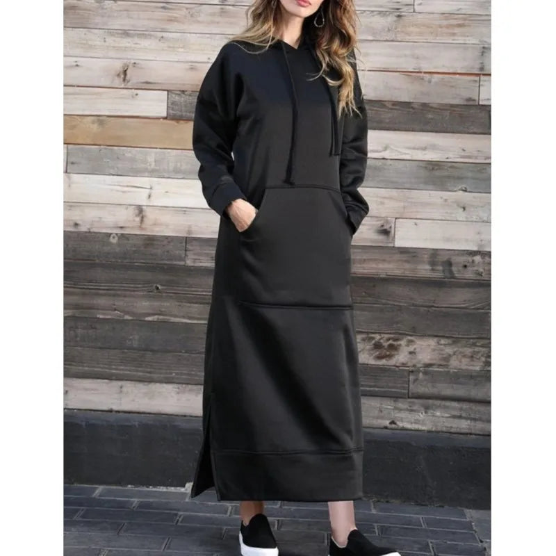 Hoodies Dress For Women Fashion 2025 Hem Lace-up Midi Robe Hooded Long Dress Autumn Winter Warm Casual Loose Sweatshirt Vestidos NovaCart