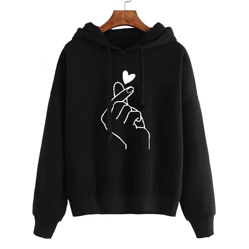 Autumn Fleece Hoodie Solid Color Finger Heart Hooded Korean Fashion Sweatshirts Long Sleeve Top Drawstring Pockets Loose Hoodies NovaCart