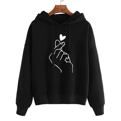 Autumn Fleece Hoodie Solid Color Finger Heart Hooded Korean Fashion Sweatshirts Long Sleeve Top Drawstring Pockets Loose Hoodies NovaCart