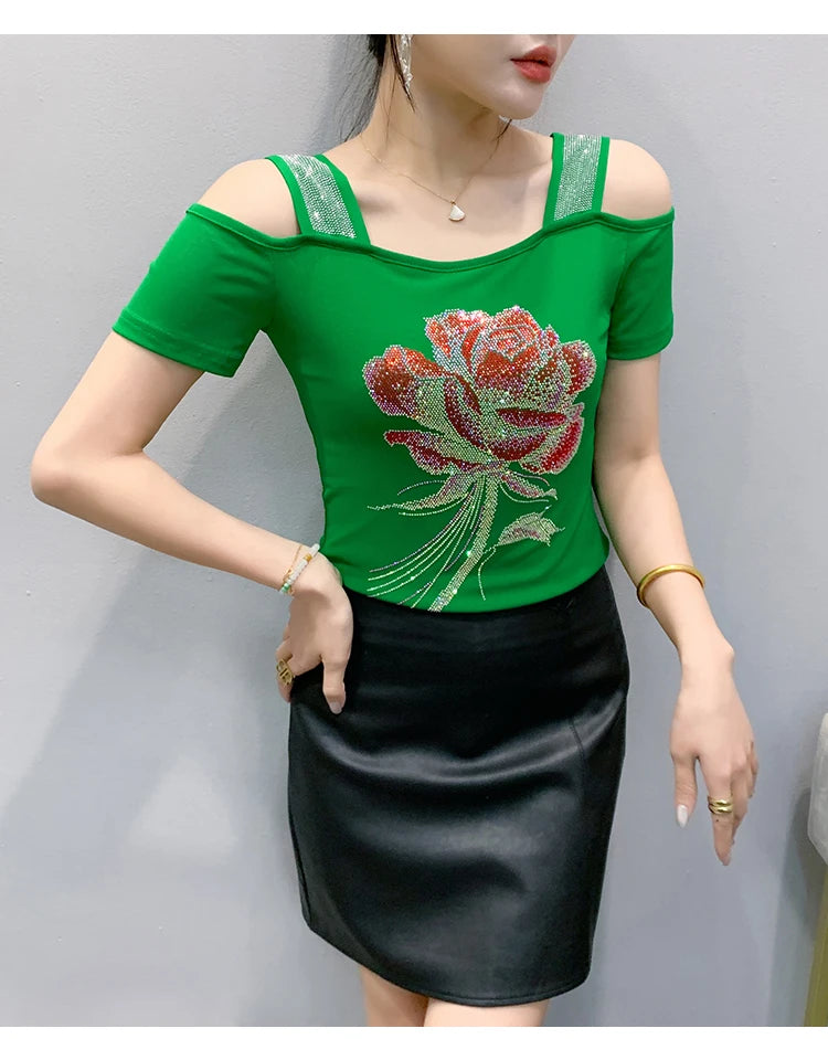 M-3XL Summer European Women's Clothes High Quality T-Shirt Luxury Hot Diamonds Design Slim Tees Sexy Girls Streetwear Tops NovaCart