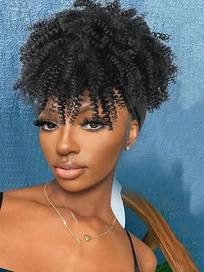 Headband Wigs for Synthetic Short Afro Kinky Curly Wigs Dark Brown Wig with Bangs Wrap Wigs 2 in 1 synthetic Wig Drawstring NovaCart