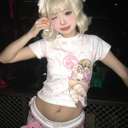 Deeptown Harajuku Kawaii Anime Graphic T Shirts Women Cutecore Cartoon Patchwork Tees Y2K Aesthetic Slim Crop Top Japanese 2000s NovaCart