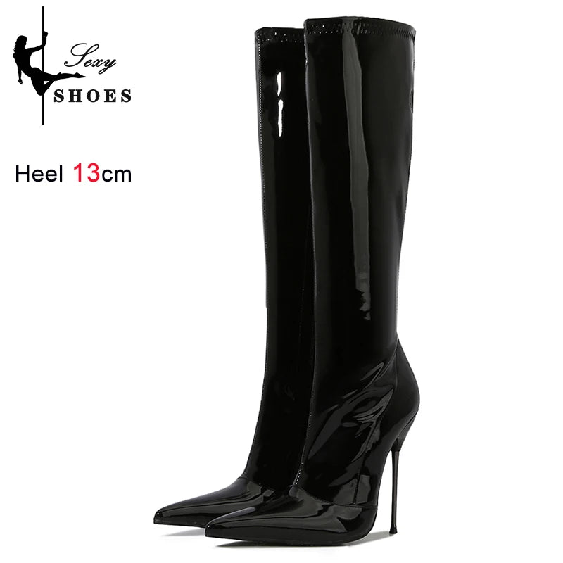 Knee-High Pointy Toe Women Boots 13cm Ultra Thin Steel High Heels Metal Heel Patent Leather Wide Calf Boots for Women Plus Size NovaCart