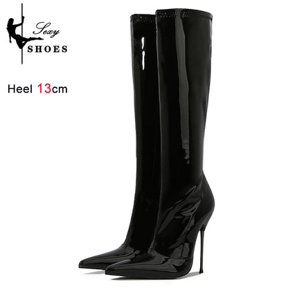 Knee-High Pointy Toe Women Boots 13cm Ultra Thin Steel High Heels Metal Heel Patent Leather Wide Calf Boots for Women Plus Size NovaCart