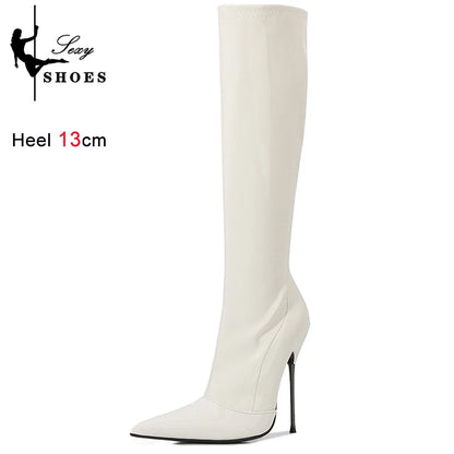 Knee-High Pointy Toe Women Boots 13cm Ultra Thin Steel High Heels Metal Heel Patent Leather Wide Calf Boots for Women Plus Size NovaCart