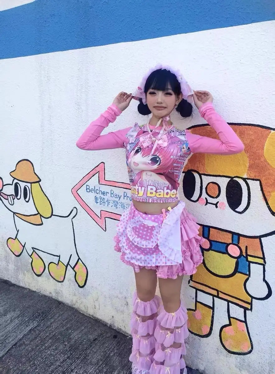 Deeptown Harajuku Kawaii Anime Graphic T Shirts Women Cutecore Cartoon Patchwork Tees Y2K Aesthetic Slim Crop Top Japanese 2000s NovaCart
