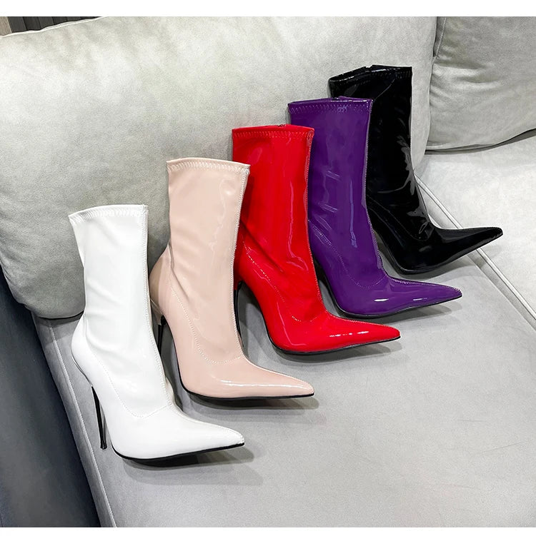 Knee-High Pointy Toe Women Boots 13cm Ultra Thin Steel High Heels Metal Heel Patent Leather Wide Calf Boots for Women Plus Size NovaCart