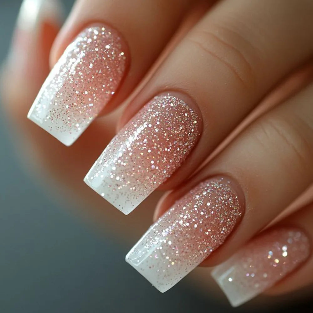 24Pcs Short Square Coffin False Nails Square Fake Nails with Glue French Glitter Wearable Acrylic Nails Set Press on Nail Tips NovaCart