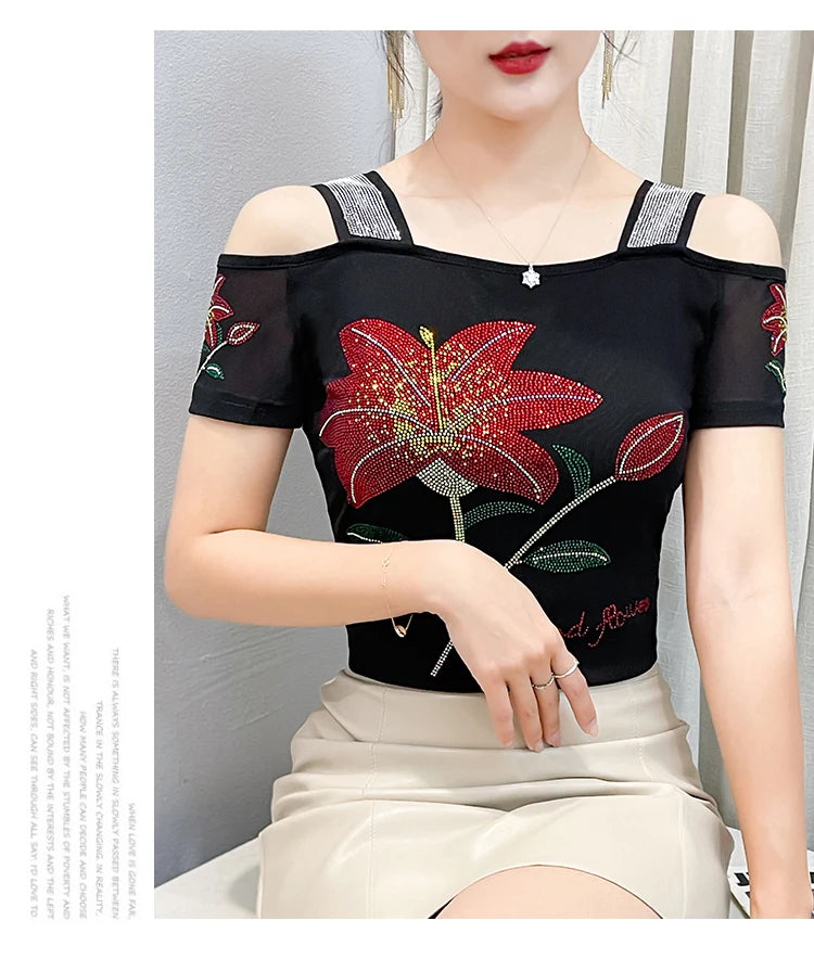 Women's Clothes New Design Sexy Off Shoulder Shiny Diamonds T-Shirts Luxury Brand Mesh Tees Tops Blouse Shirt NovaCart