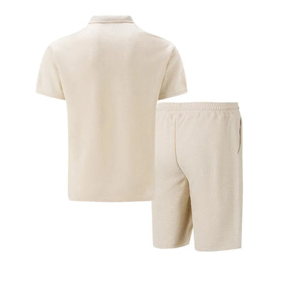 2025 Men Europe and the United States new summer Waffle solid color zip-up lapel short-sleeve suit shorts two sets NovaCart