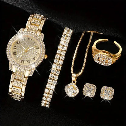 6PCS Women Watch Luxury Elegant Alloy Watch Crystal Wristwatch For Ladies Gift Quartz Watch Alloy Rhinestone Bracelet Montre NovaCart