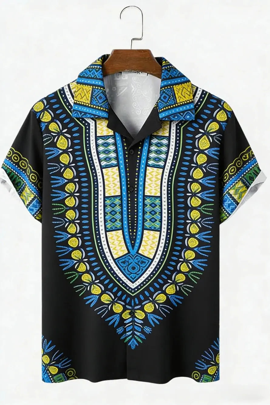 Men's New Linen Ethnic Tribal Style 3D Printed Shirt Hawaiian Tropical Breathable Comfortable Short-sleeved Lapel Clothes Men'S NovaCart