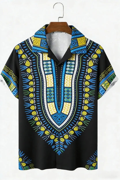 Men's New Linen Ethnic Tribal Style 3D Printed Shirt Hawaiian Tropical Breathable Comfortable Short-sleeved Lapel Clothes Men'S NovaCart