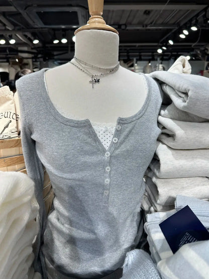 Six Buttons Ribbed Long Sleeve T-shirts Women Spring Round Neck Cotton Slim Tee Top Female Sweet Cute Pink Tshirt Y2k Tops New NovaCart