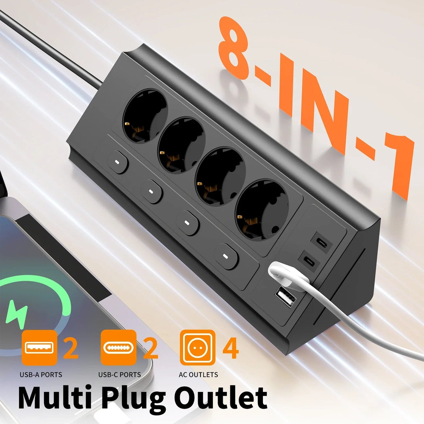 EU desktop corner power strip, a power strip with multiple switches independently controlling the outlets, extension cord power Pi-Mart